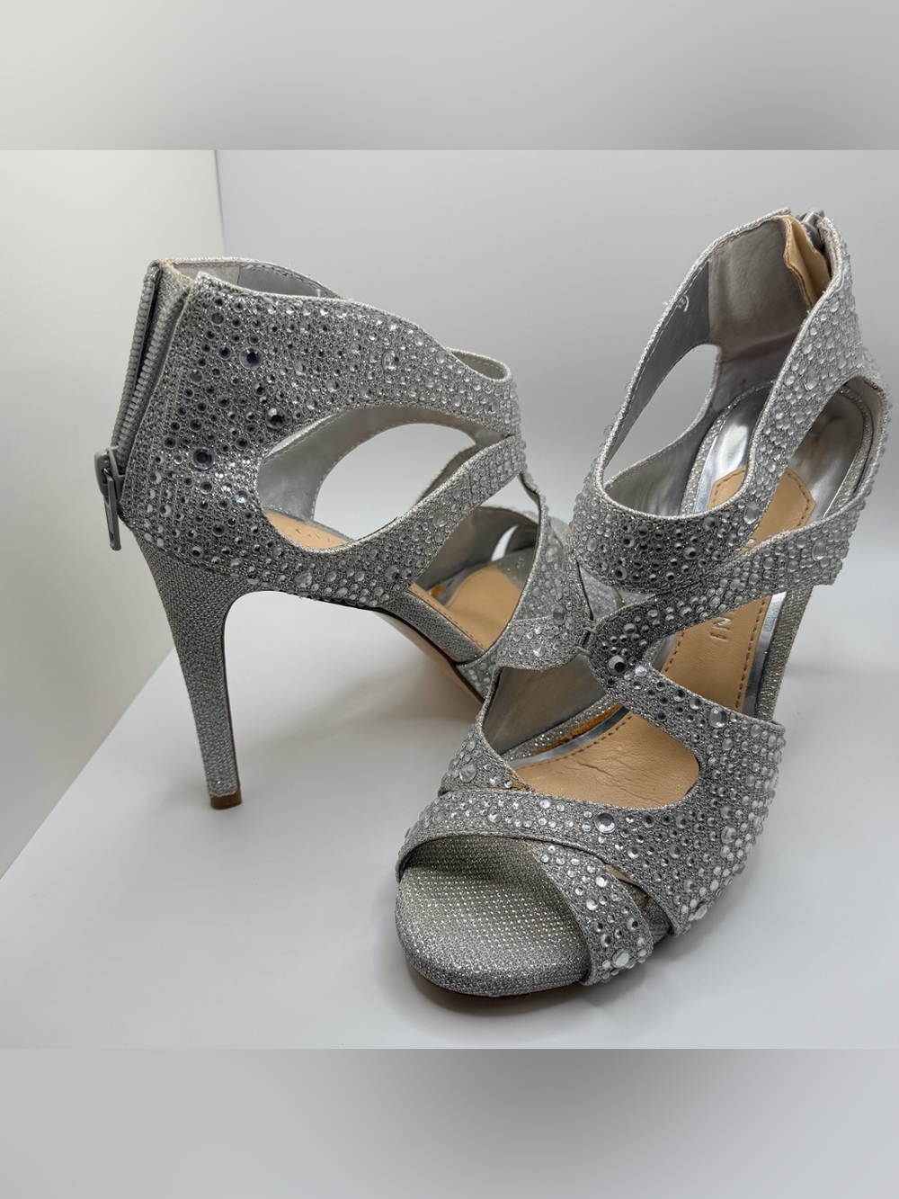 Gianni Bini Heels 6.5 Silver with Rhinestone Embellishments, Zipper Back